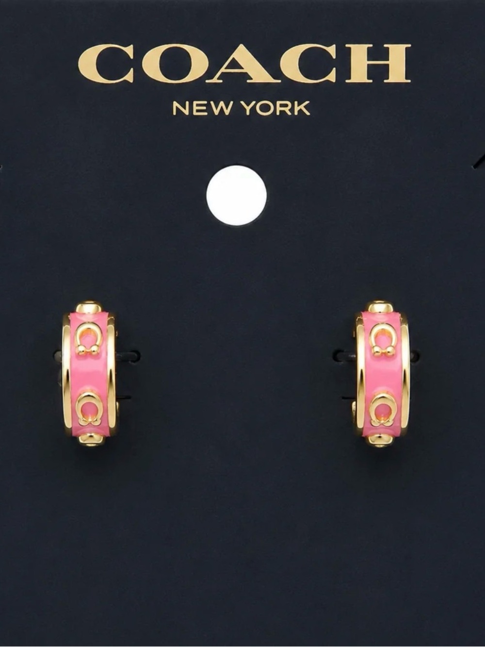 COACH Pink and Gold Enamel Signature Mini Hoop Earrings